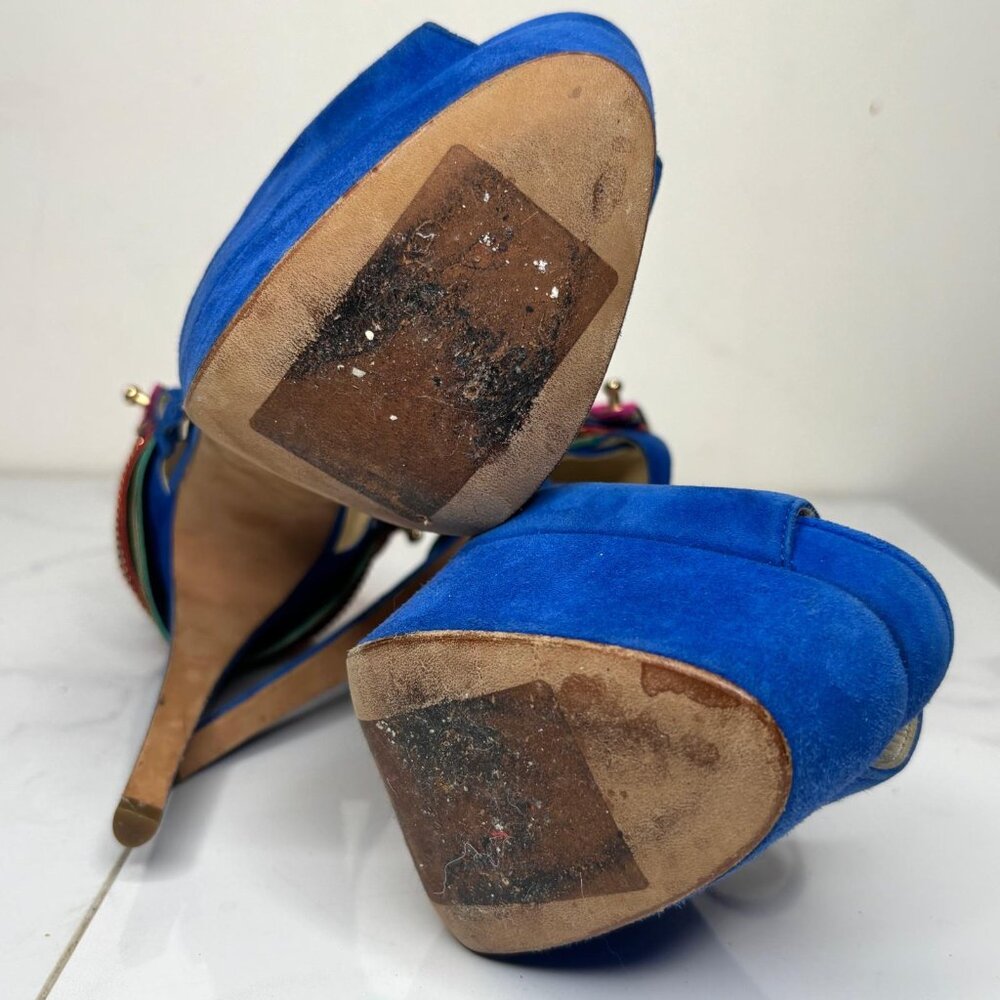Brian Atwood TRIBECA Cuffed Blue Suede Platform Heels Multicolor Ankle Strap 37 - Picture 11 of 12